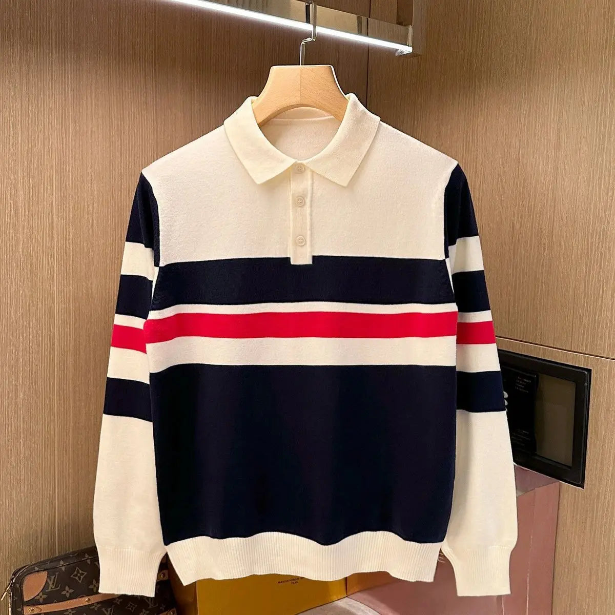 Mens Knit Polo Shirt Long Sleeve Anti Wrinkle Casual Pullover