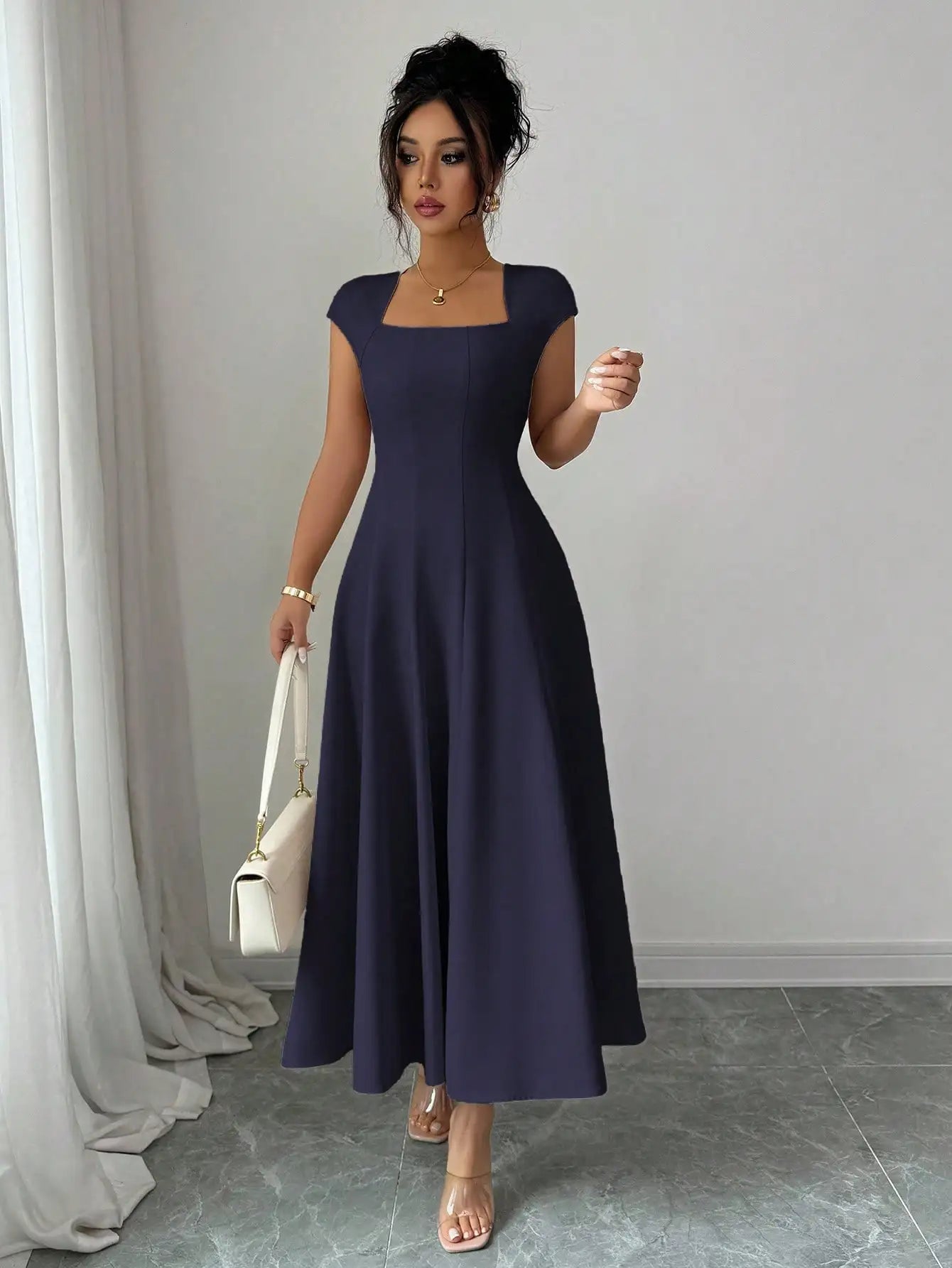 Elegant Solid Color Square Neck Short Sleeve A-Line Midi Dress For Women