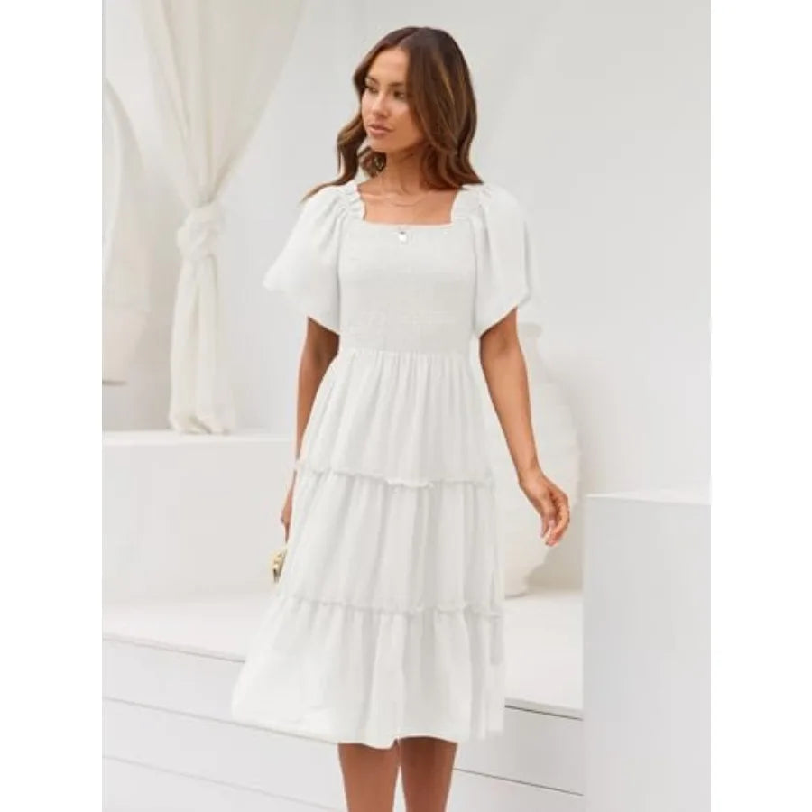 LILLUSORY Women's Summer Casual Flutter Sleeve Square Neck Smocked Midi Dress