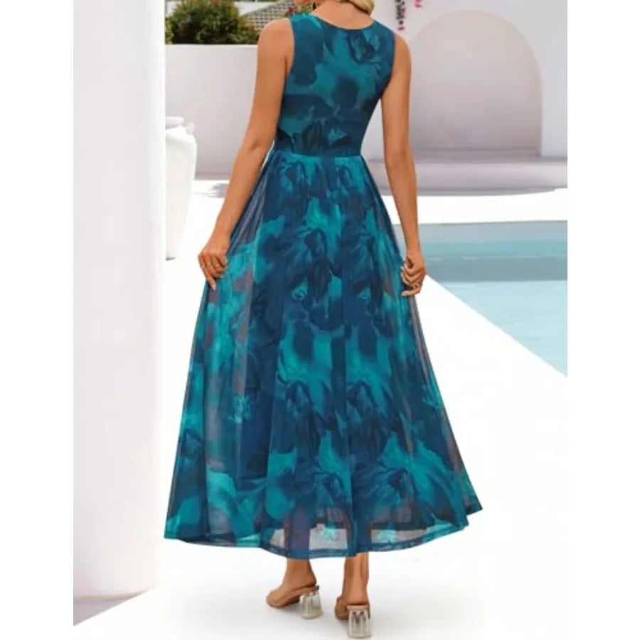 ZESICA Women's Summer Sleeveless Floral Maxi Dress 2026 Casual Crewneck Mesh A Line Flowy Boho Beach Party Long Dresses