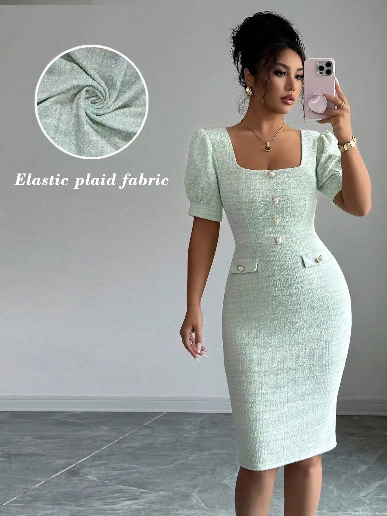 Elegant Plaid Puff Sleeve Square Neck Bodycon Dress For Women