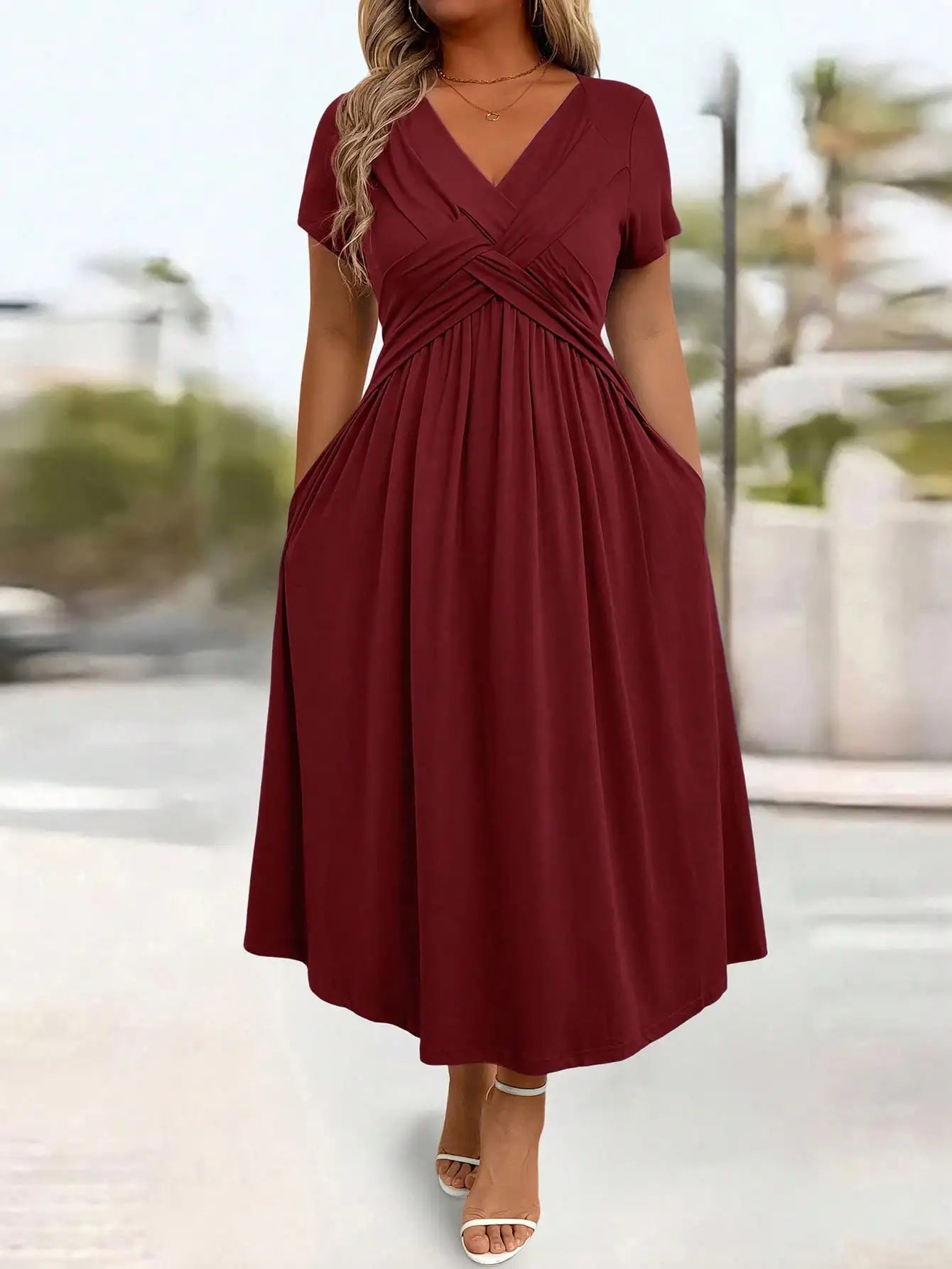 Casual Solid Color Twist Front A-Line Midi Dress For Women