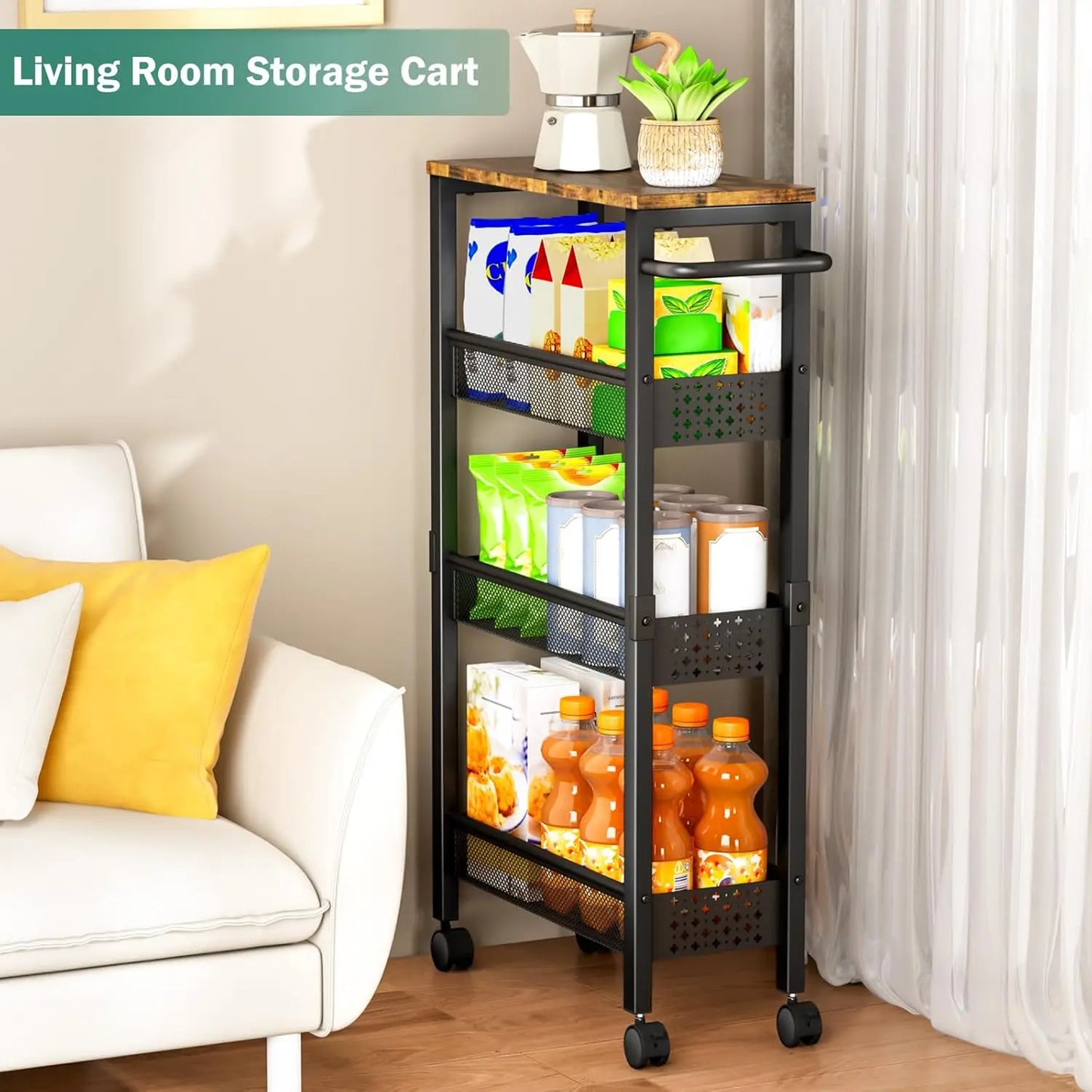 Slim Storage Cart With Wheels, 4 Tier Small Rolling Cart With Wood Top, Metal Kitchen Bathroom Laundry Room Organization
