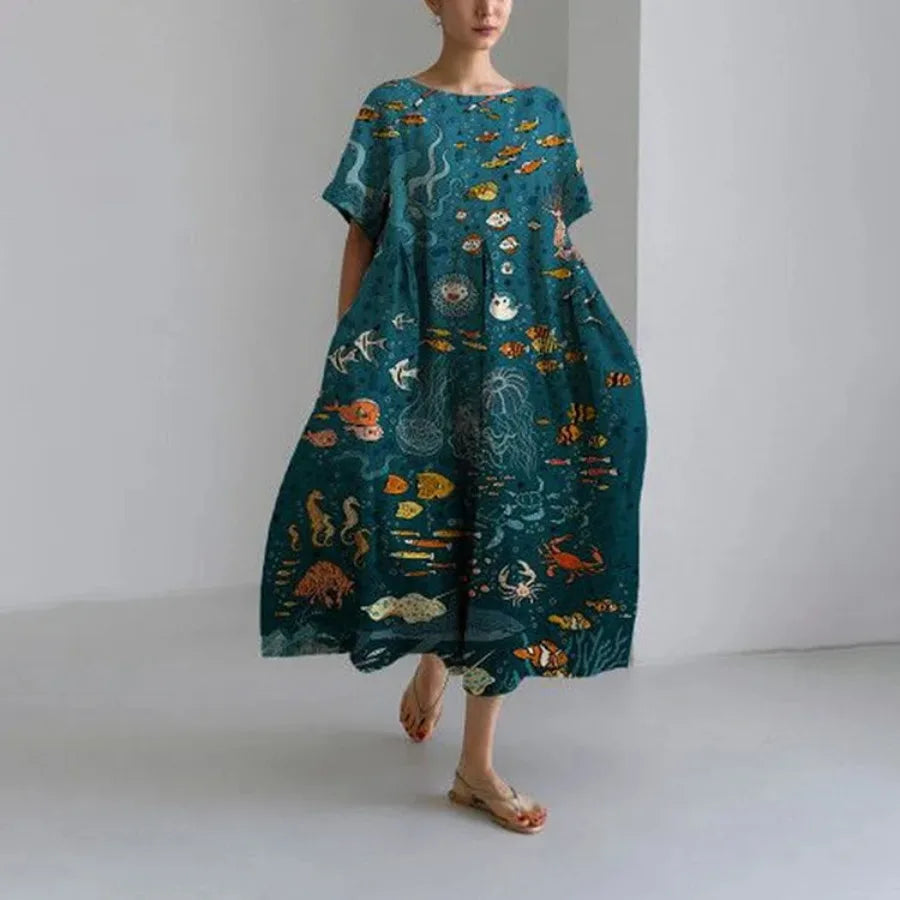 【New style】 - summer new European and American women's clothing loose round neck fashionable high-end short-sleeved printed dre