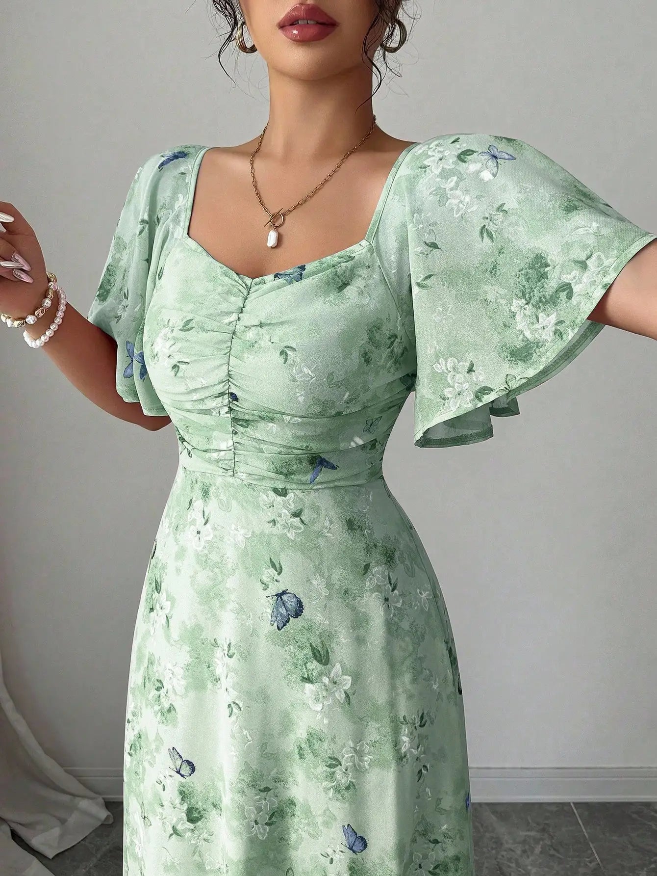 Women's Chiffon Butterfly Print Ruched Square Neck Batwing Sleeve Maxi Dress