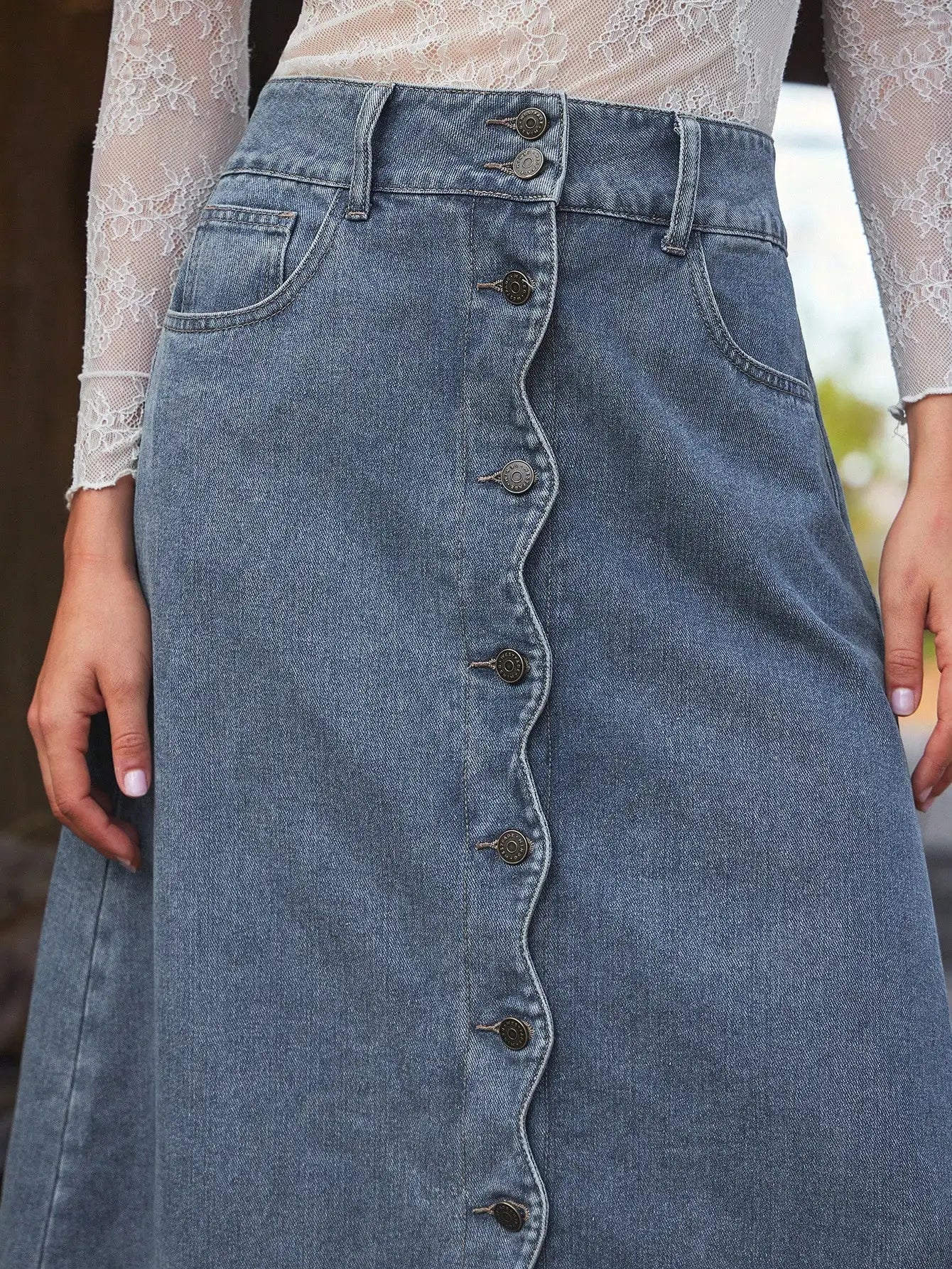 High Waist Scalloped Button Front Denim Midi Skirt For Women