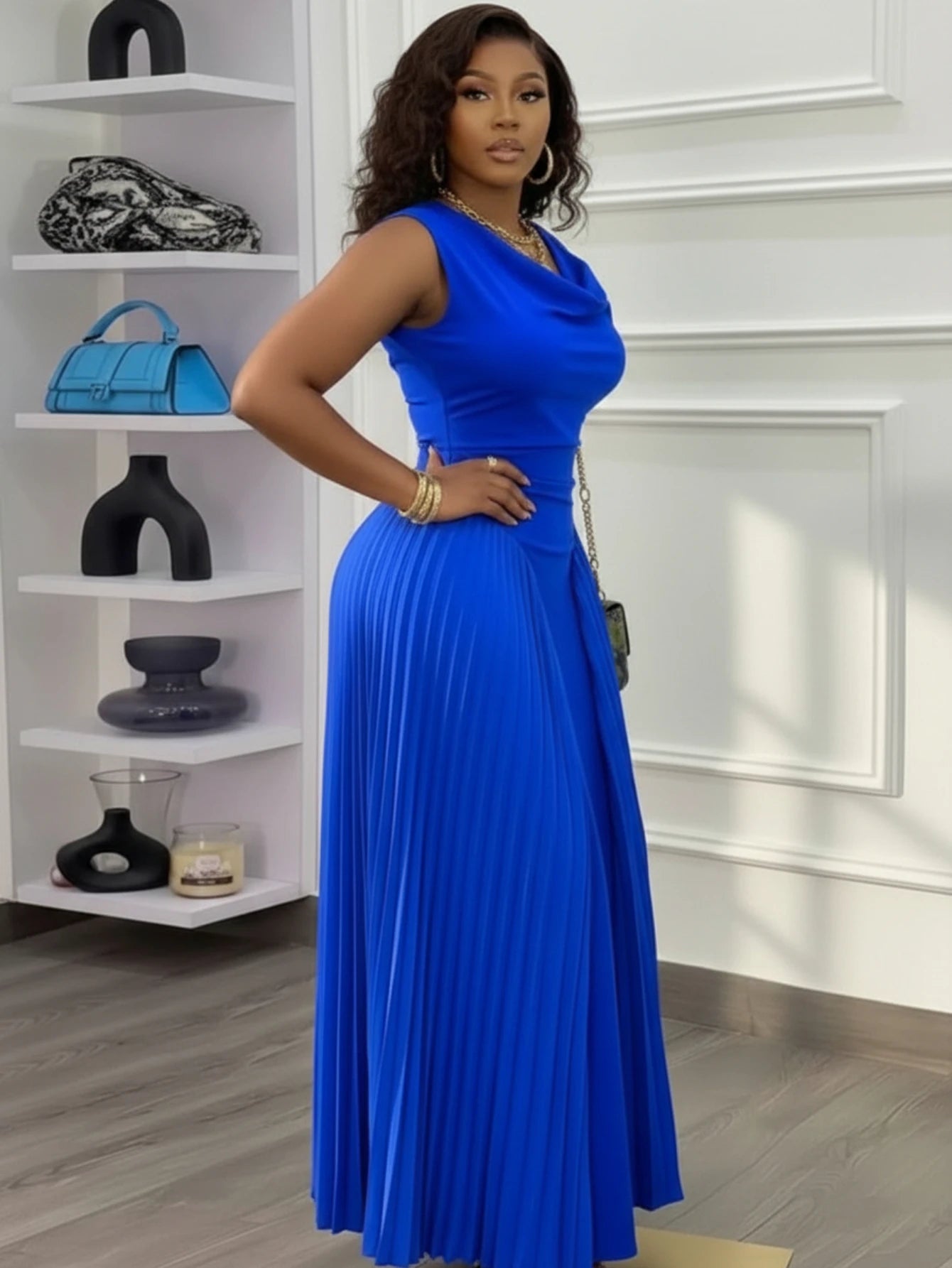 Women Sleeveless Cowl Neck Pleated Maxi Dress For Formal Evening Wedding Guest Prom And Banquet Occasion
