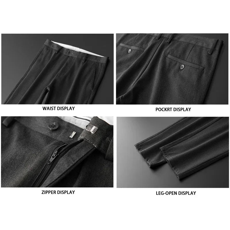 BROWON 2026 Antumn Winter Straight Suit Pants Men Solid Color Brushed Elastic Work Trousers Black Trouser for Mam