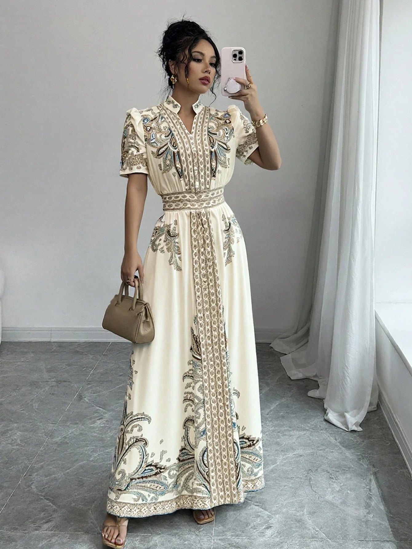 Elegant A-Line Maxi Dress With Puff Sleeve Notched Neck Embroidered Paisley Pattern