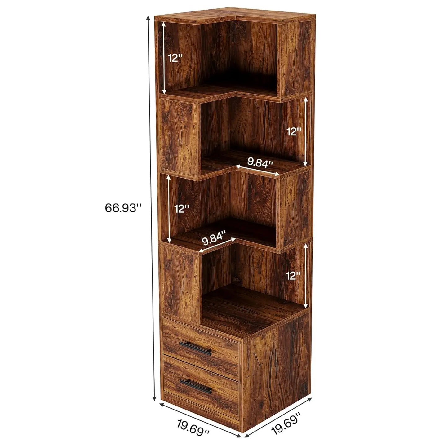 5-Tier Corner Bookshelf With 2 Drawers Mid-Century Modern Storage