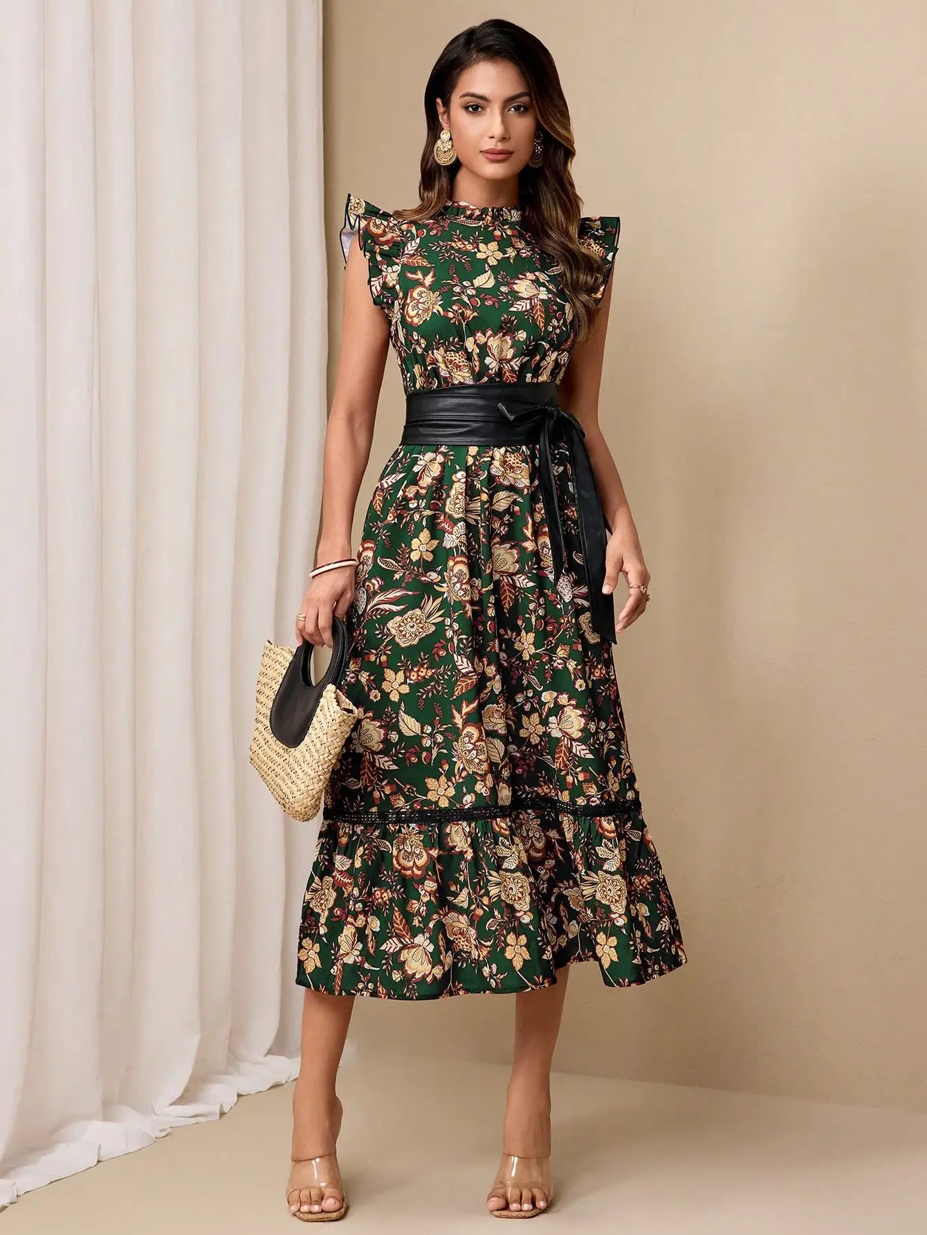 Elegant Floral Print Cinched Waist Midi Dress With Ruffle Sleeve