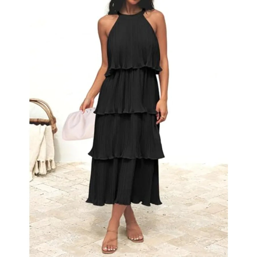 ZESICA Women's 2026 Summer Sleeveless Halter Neck Ruffle Tie Layed Chiffon Flowy Swing Long Midi Dress