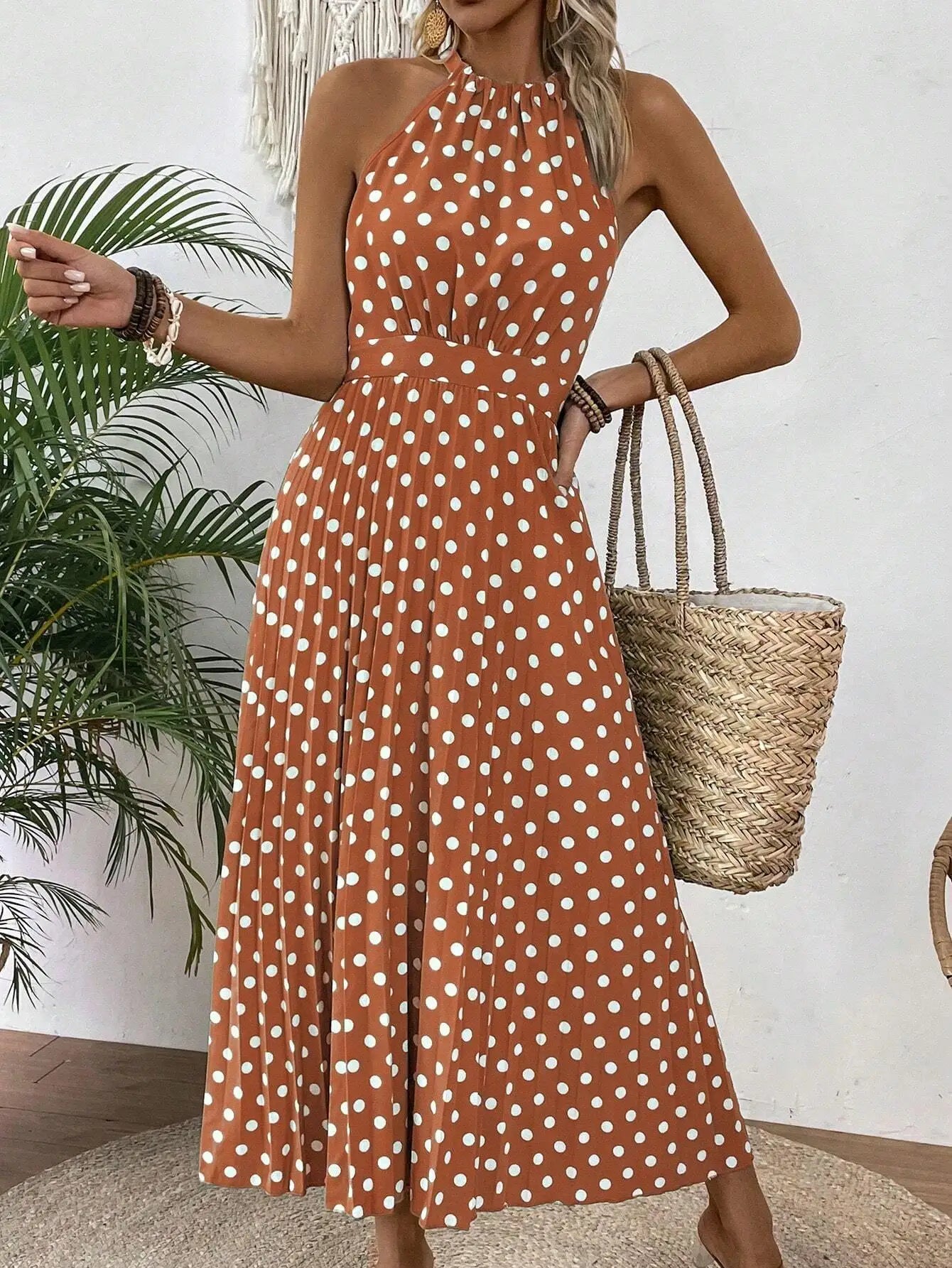 Women Polka Dot Halter Sleeveless Pleated Maxi Dress Beach Vacation Outfit
