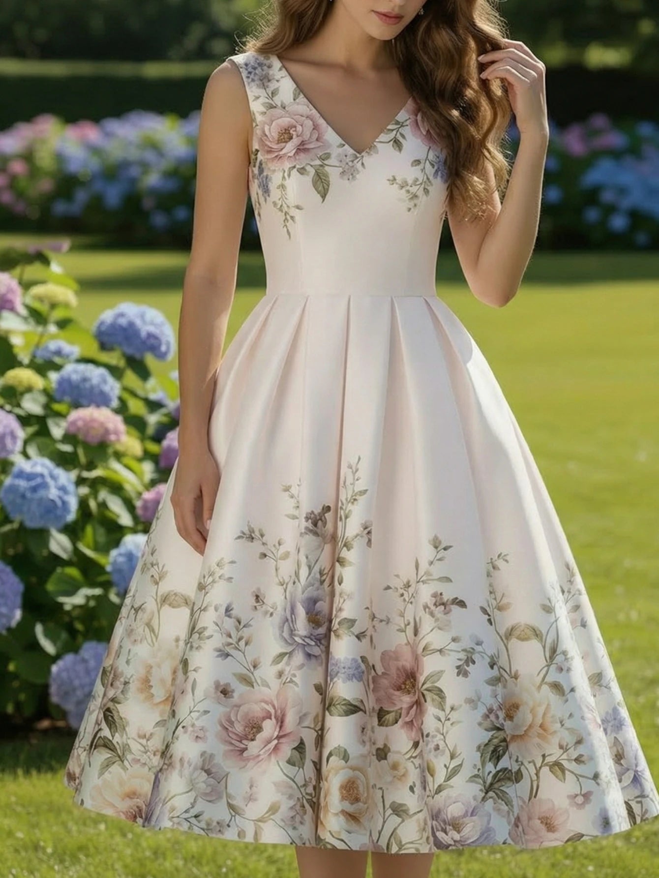 Women's V Neck Sleeveless All Over Floral Print Pleated Swing Midi Dress For Wedding Guest Garden Party Dinner Daily Fashion Occasions