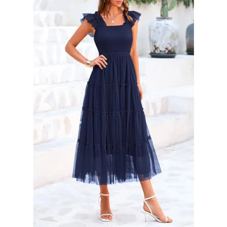 PRETTYGARDEN Women's Summer Tulle Midi Dress Sleeveless Smocked Ruffle Flowy Mesh Dresses Party Wedding Guest Sundress