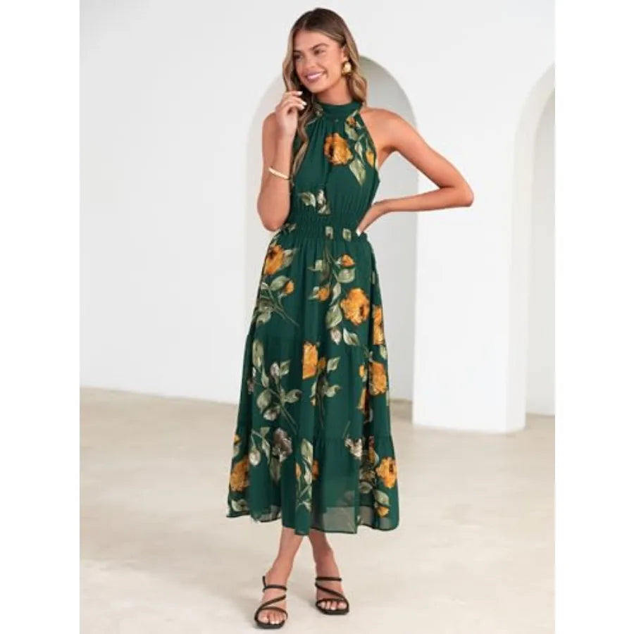 Simplee Womens Summer Halter Wedding Guest Dress Maxi Floral Vacation Boho Sundresses Flowy Formal Long Travel Dresses 2026