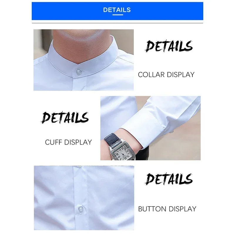 Browon Mens Business Cotton Shirt With Stand Collar Slim Fit