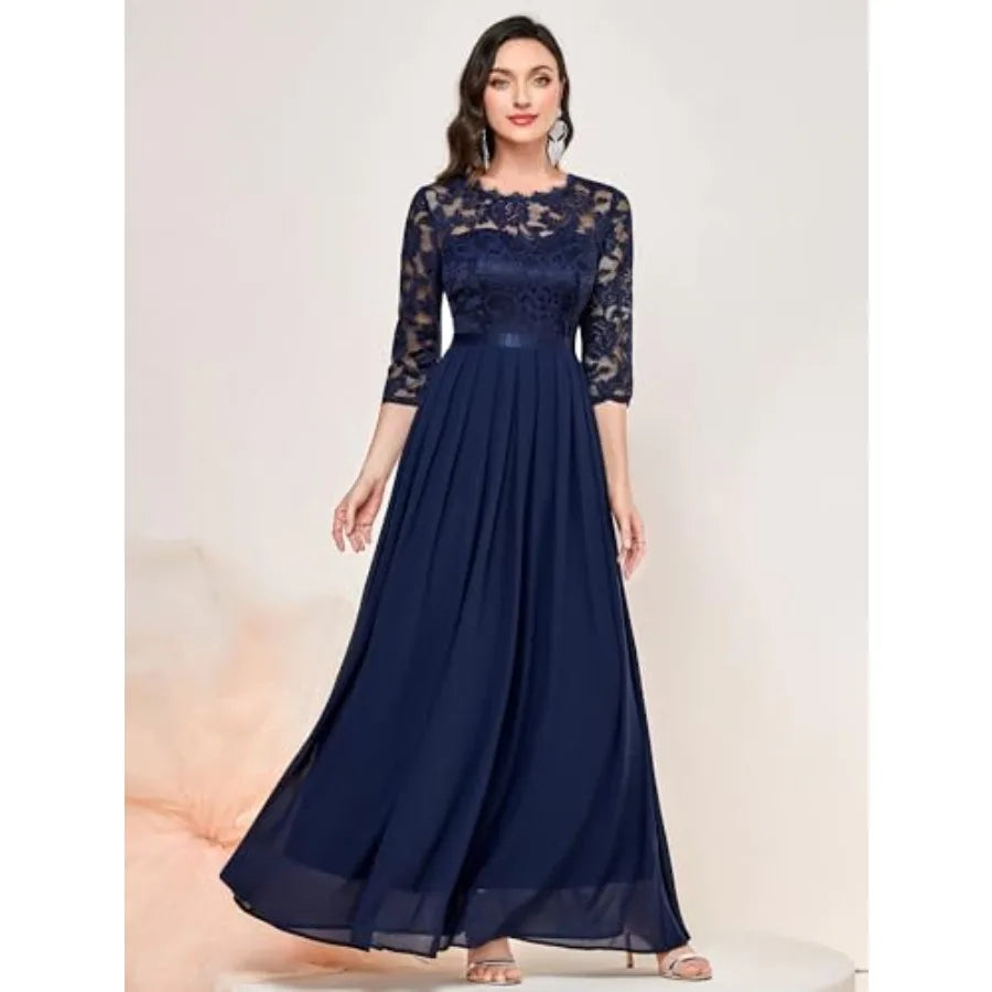 Women's Elegant Floral Lace 3/4 Sleeve Bridesmaid Formal Maxi Dress