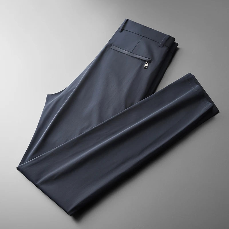 BROWON Brand Men Pants Summer New Business Fashion Straight Casual Pants Mid Light Elastic Loose Ice Silk Breathable Thin Pants