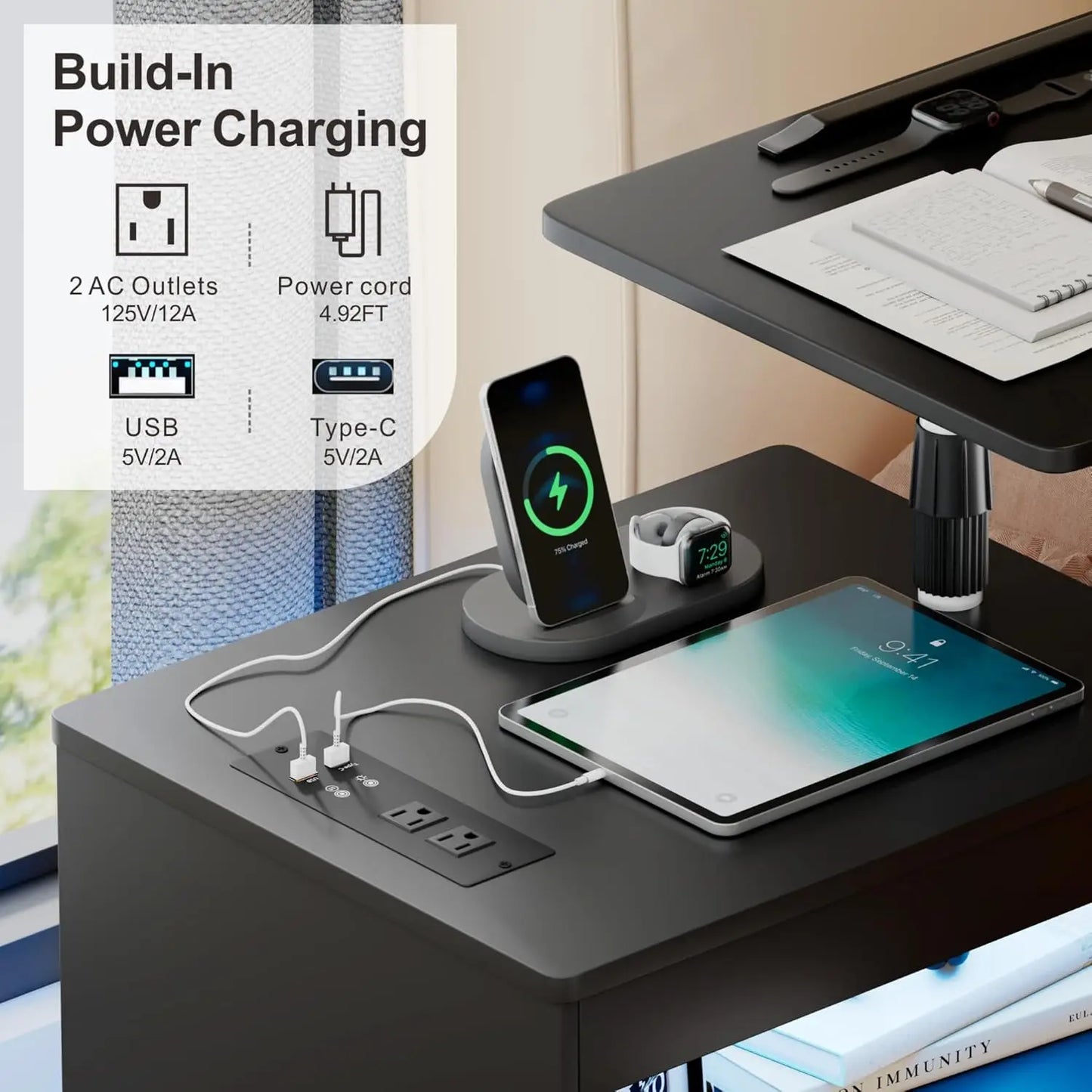 Nightstand with Charging Station, LED Bedside Table 2 Drawers, Smart Wooden End Table for Laptop Rolling Side Table, Customized