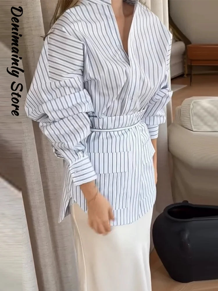 Fashion Women's Striped Shirt Casual Stand Up Collar Long Sleeved Detachable Lace Up Skirt 2026 Spring Lady Commuting Outfit New