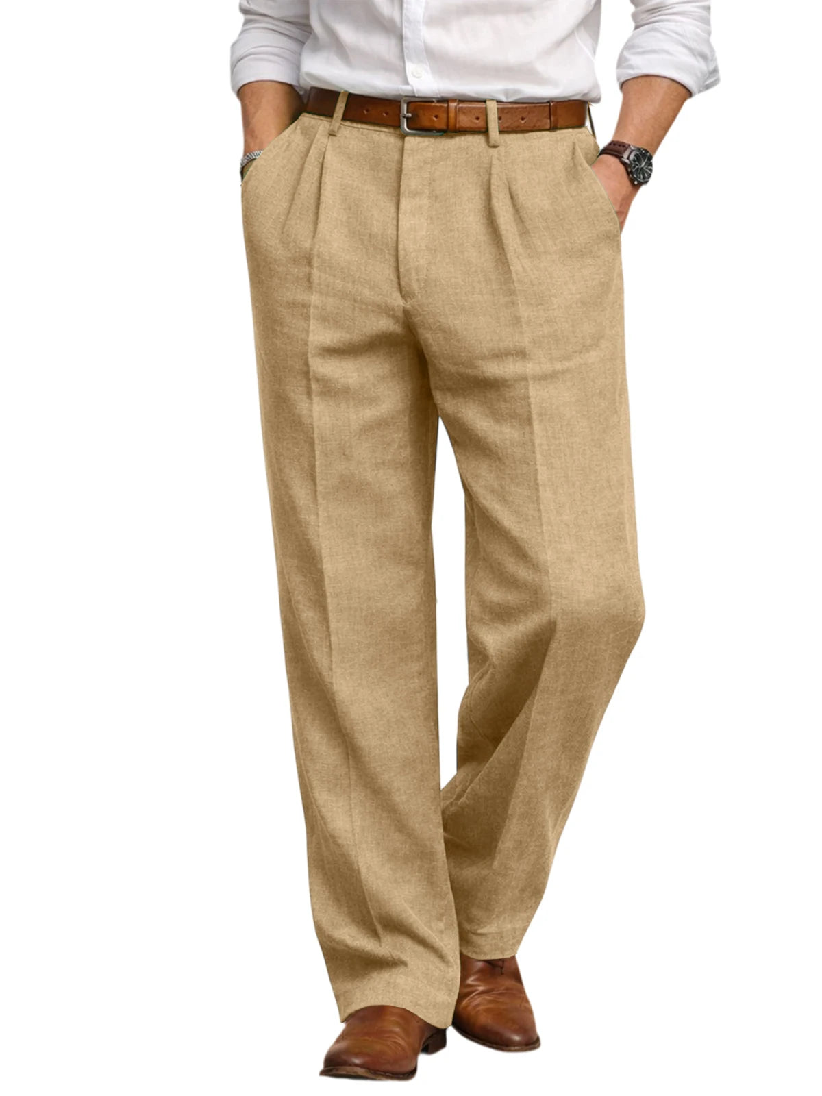 Men's Summer Linen Suit Pants High Waist Pleated Wide Leg Casual Trousers Business Formal  Breathable Loose Fit Straight Pants