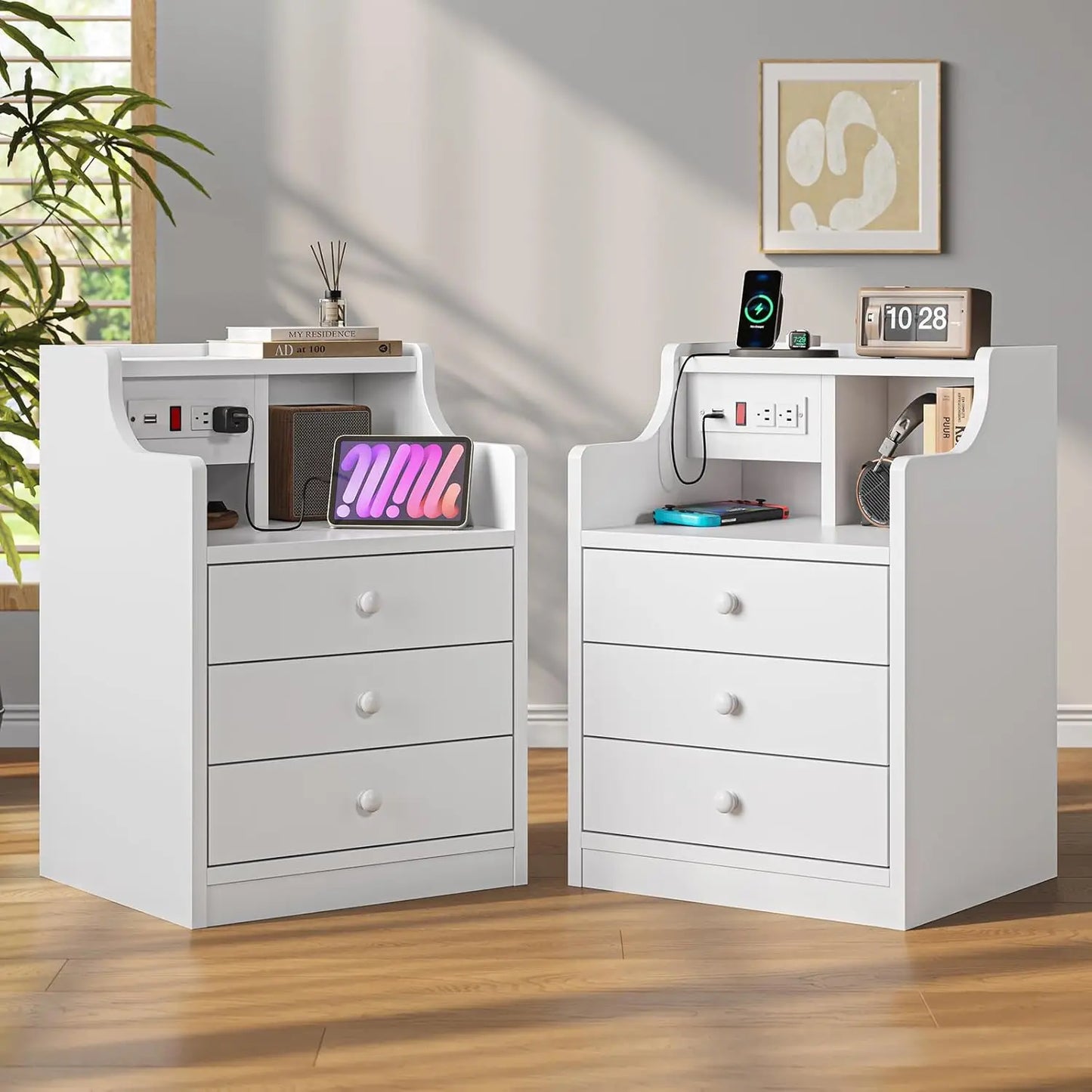 Night Stand Set 2,Pink Nightstand with Charging Station & Hutch,Night Stands for Bedrooms Set of 2,Bedside Table, Customized