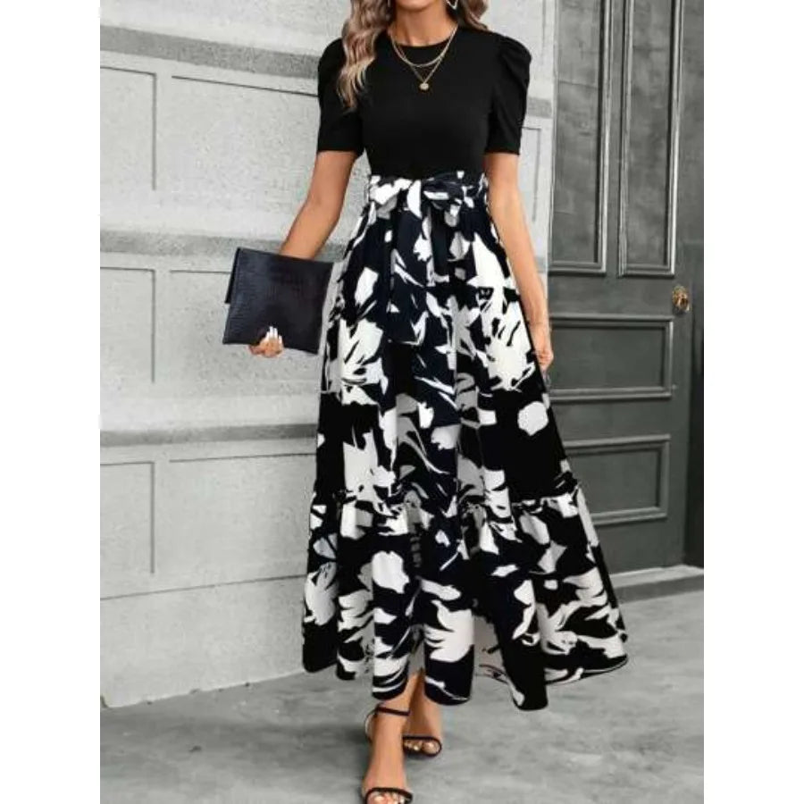 Women's Spliced Plant Print Ruffle Hem Maxi Dress Outfit