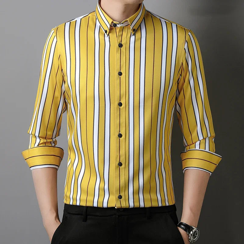 BROWON Brand 2026 Spring Business Shirt for Men Striped Turn-down Collar Dress Shirts Men Long Sleeve Tops Designer Clothes Man