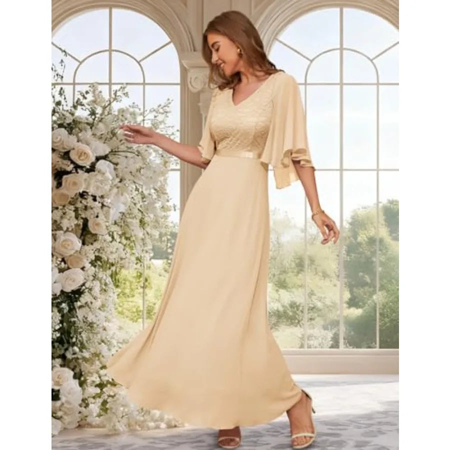 DRESSTELLS Formal Wedding Guest Dresses, 2026 Spring Bridesmaid Party Cocktail Evening Long Prom Lace Dress