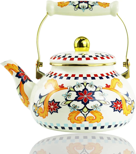 Floral Enamel Tea Kettle Bohemian Teapot Porcelain Vintage
