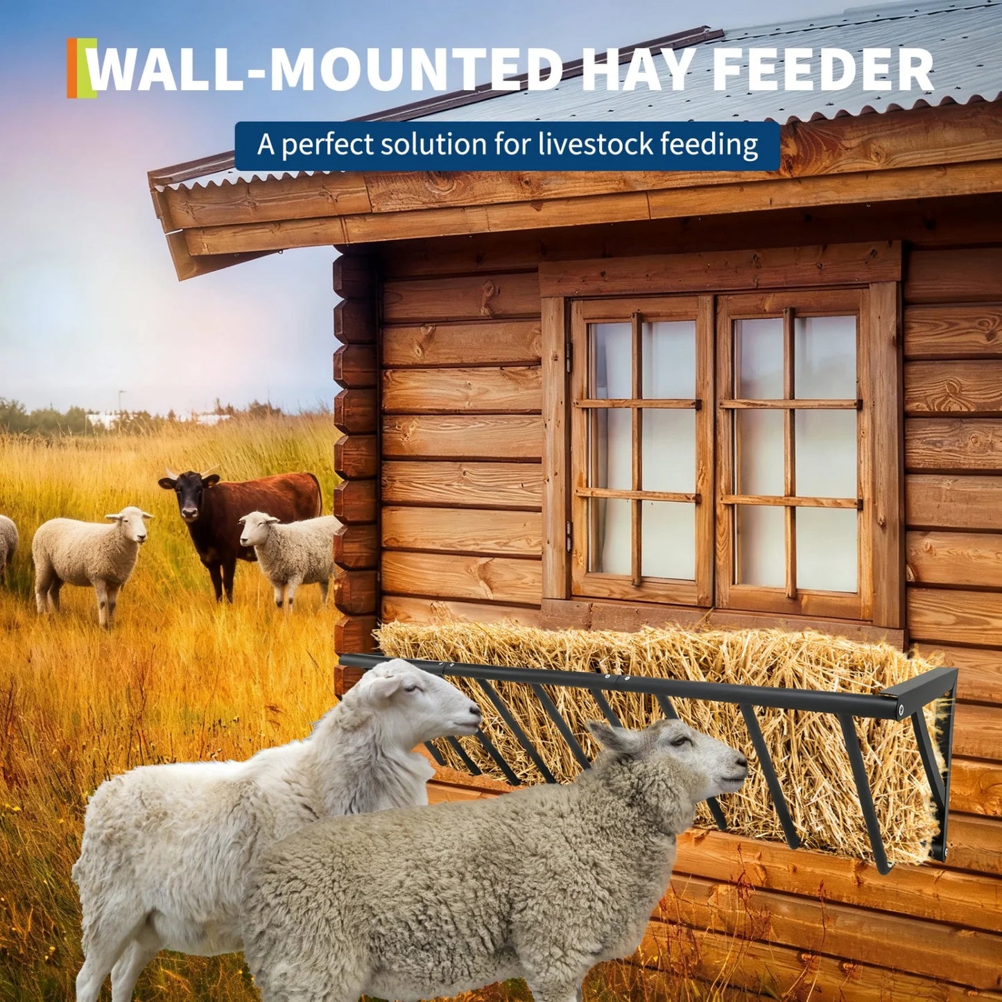 Wall Mount Hay Feeder Rack, Heavy Duty Carbon Steel Hay Holder, Large Capacity for Horses Goats Cattle Sheep Livestock,Farm Use