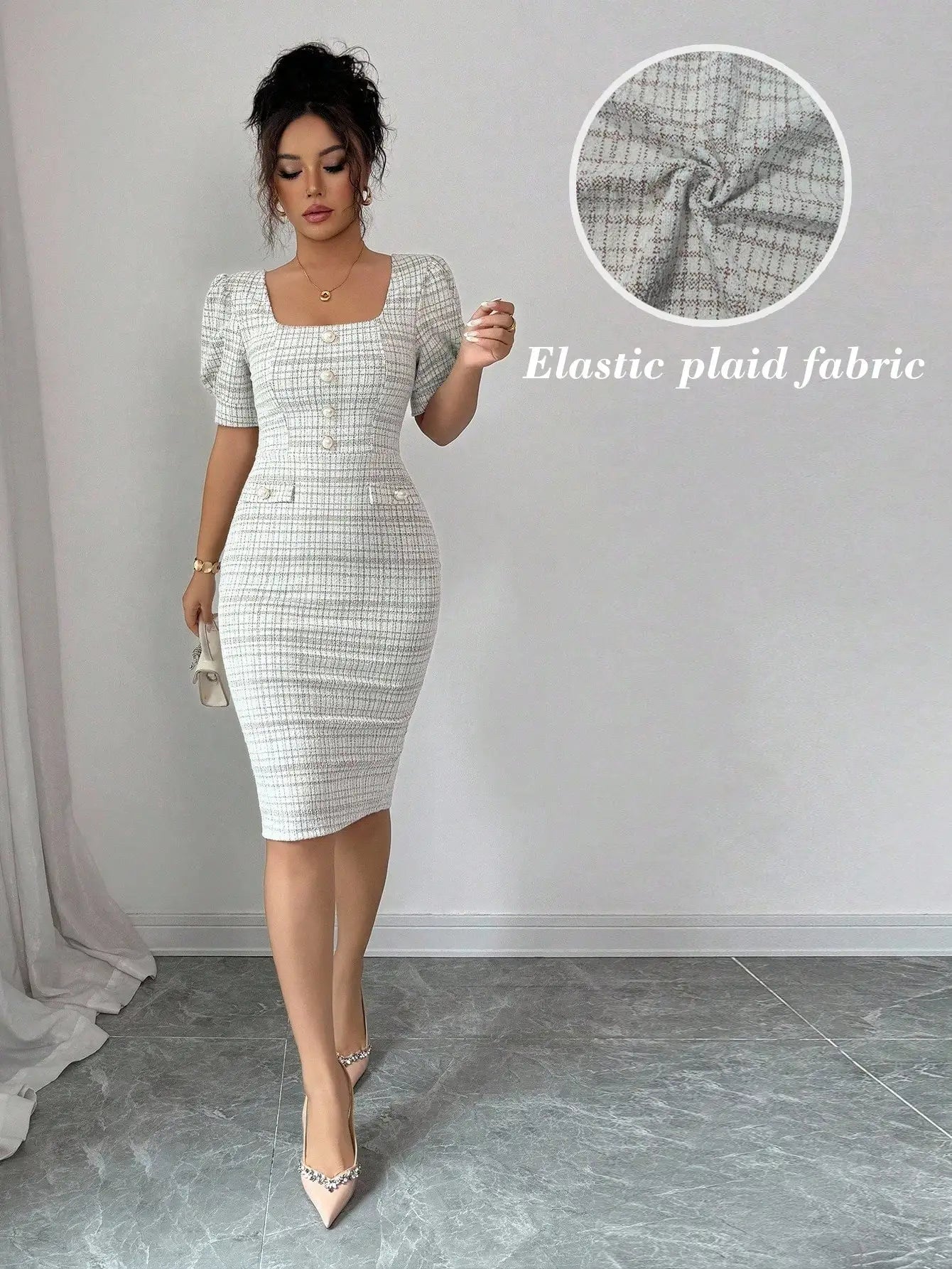 Elegant Plaid Puff Sleeve Square Neck Bodycon Dress For Women