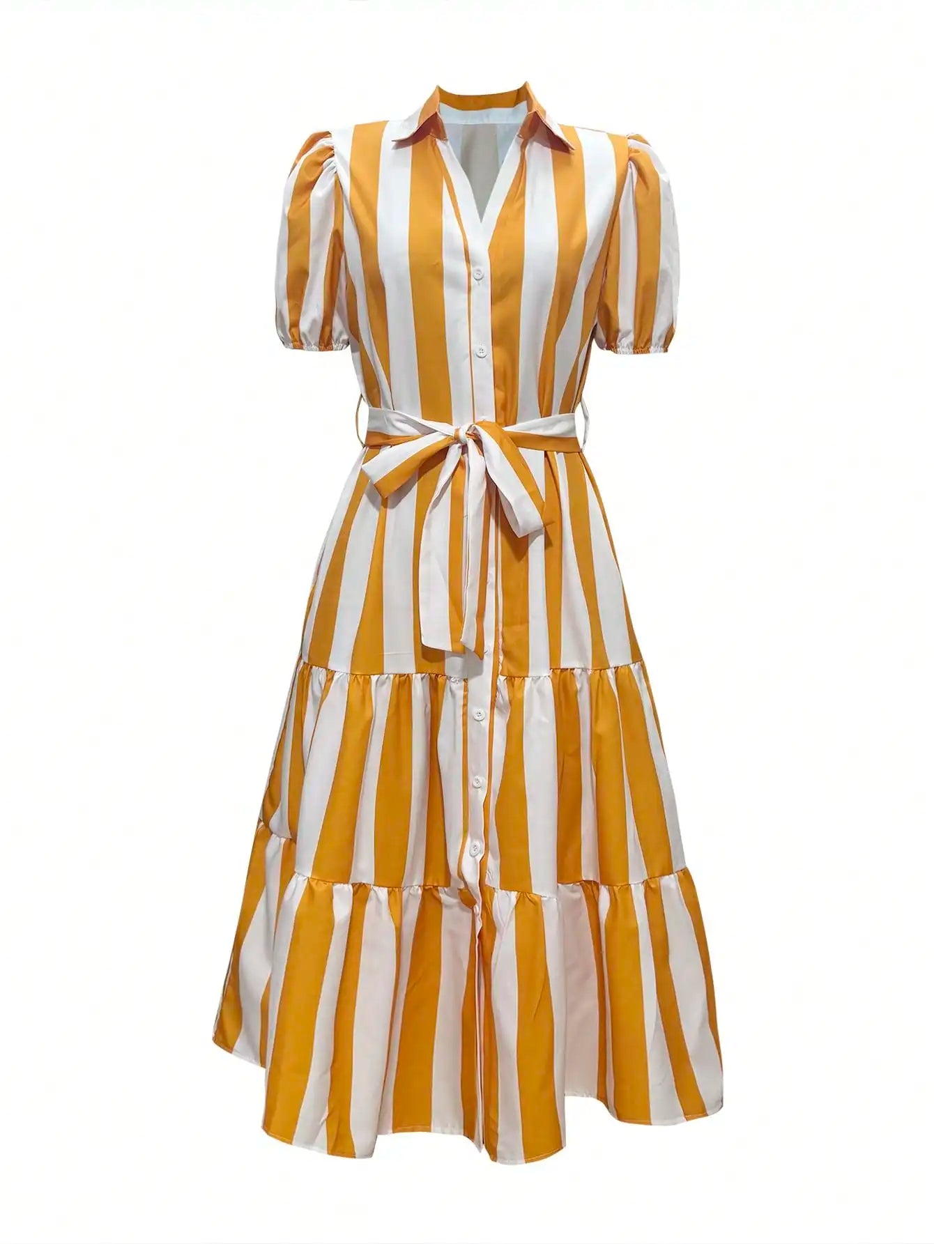 Women's Striped Floral Embroidered Midi Dress With Collar Puff Sleeves Tie-Up Waist
