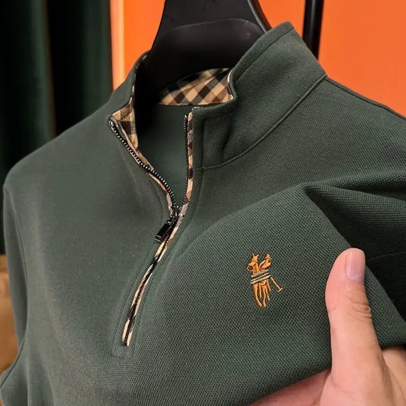Mens Cotton Long Sleeve Embroidered Zipper Stand Collar Polo Shirt