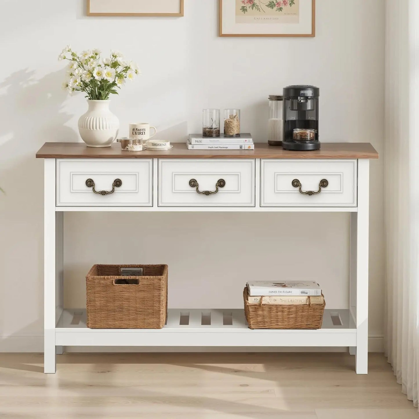 Farmhouse Sofa Table With Drawers For Entryway And Living Room