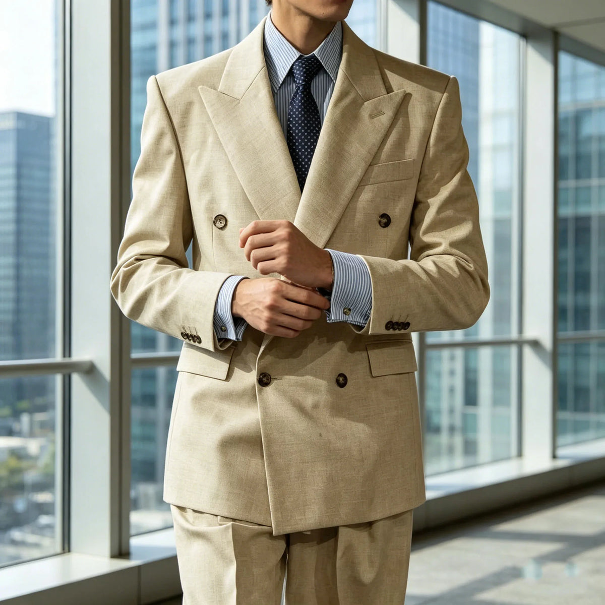 Men's Linen Suit Set Double Breasted 2 Pieces Peak Lapel Oversized Breathable Soft Formal Jacket Pants Outfit Business Casual