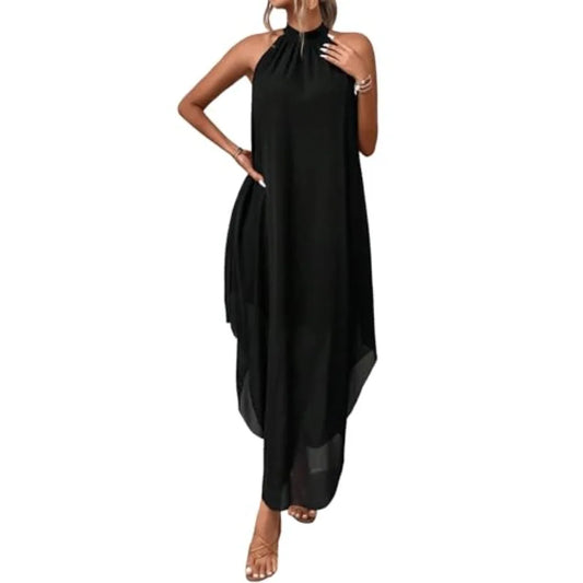 Verdusa Women's Wedding Guest Dress Halter Flowy Chiffon Asymmetrical Long Summer Prom Dress