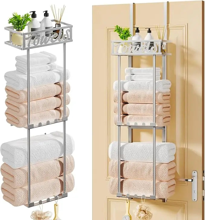 Towel Rack Bathroom Storage - 3 Tier Over The Door & Wall Mounted Rolled Towel Racks Holder Organizer With Metal Shelf An