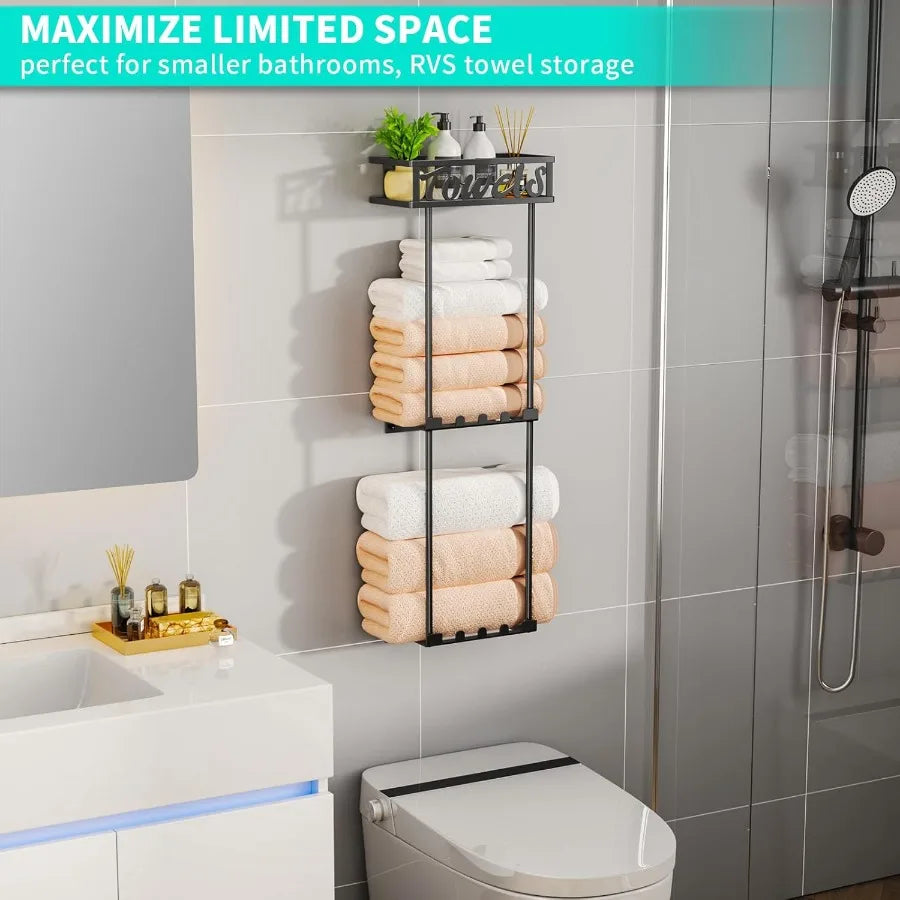 Towel Rack Bathroom Storage - 3 Tier Over The Door & Wall Mounted Rolled Towel Racks Holder Organizer With Metal Shelf An