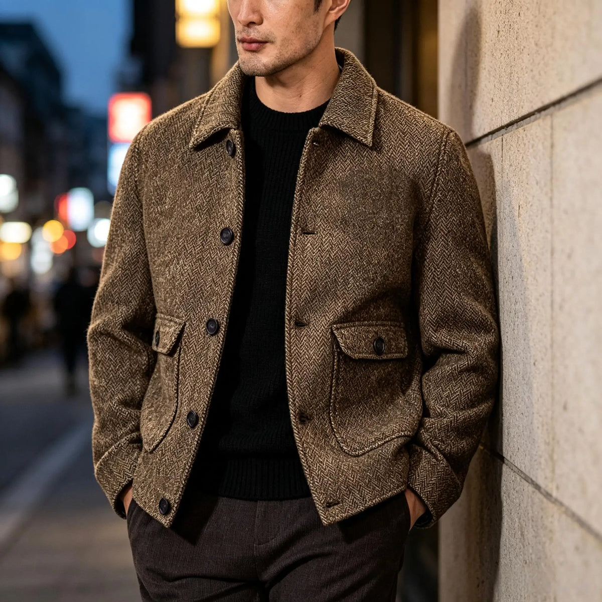 Men Vintage Herringbone Short Lapel Button Jacket Casual Outerwear For Daily Commute Weekend Dating Coffee Street Trip Gathering