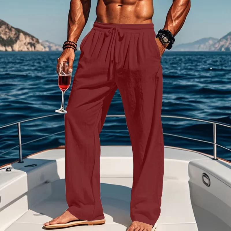 Men's Linen Casual Pants Elastic Drawstring Waist Wide Leg Trousers Summer Breathable Loose Fit Beach Pants Holiday Daily Wear