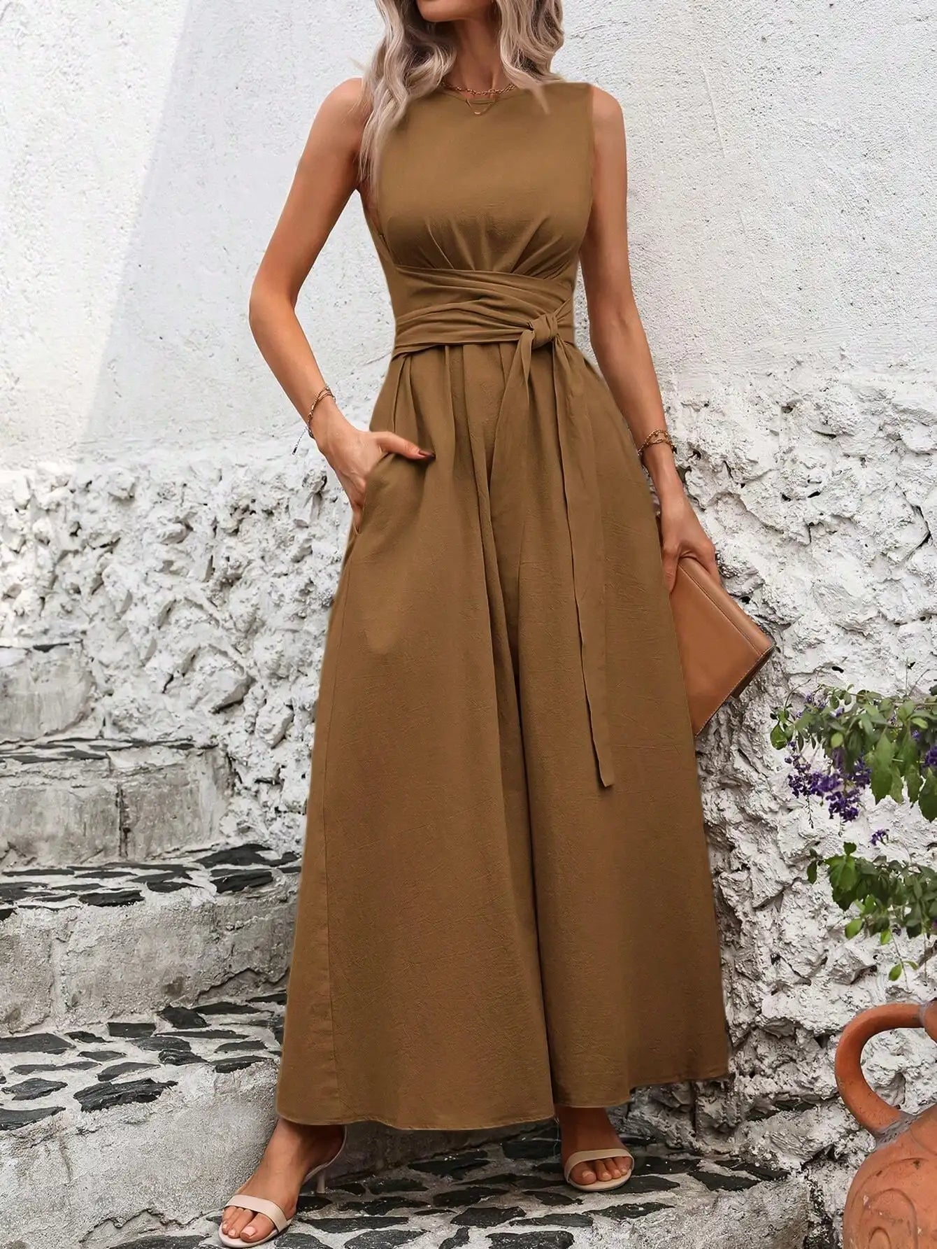 Women's Round Neck Plaid Knotted Waist A-Line Dress For Party Casual Outing