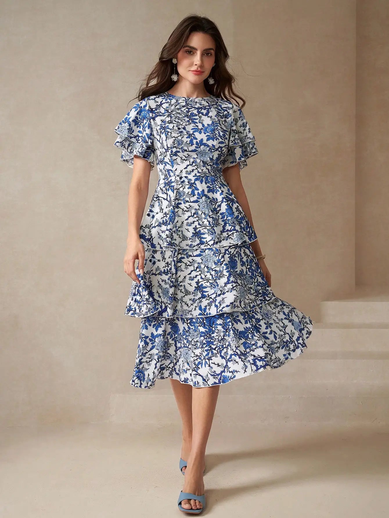 Butterfly Sleeve Layered Hem Floral Print Dress