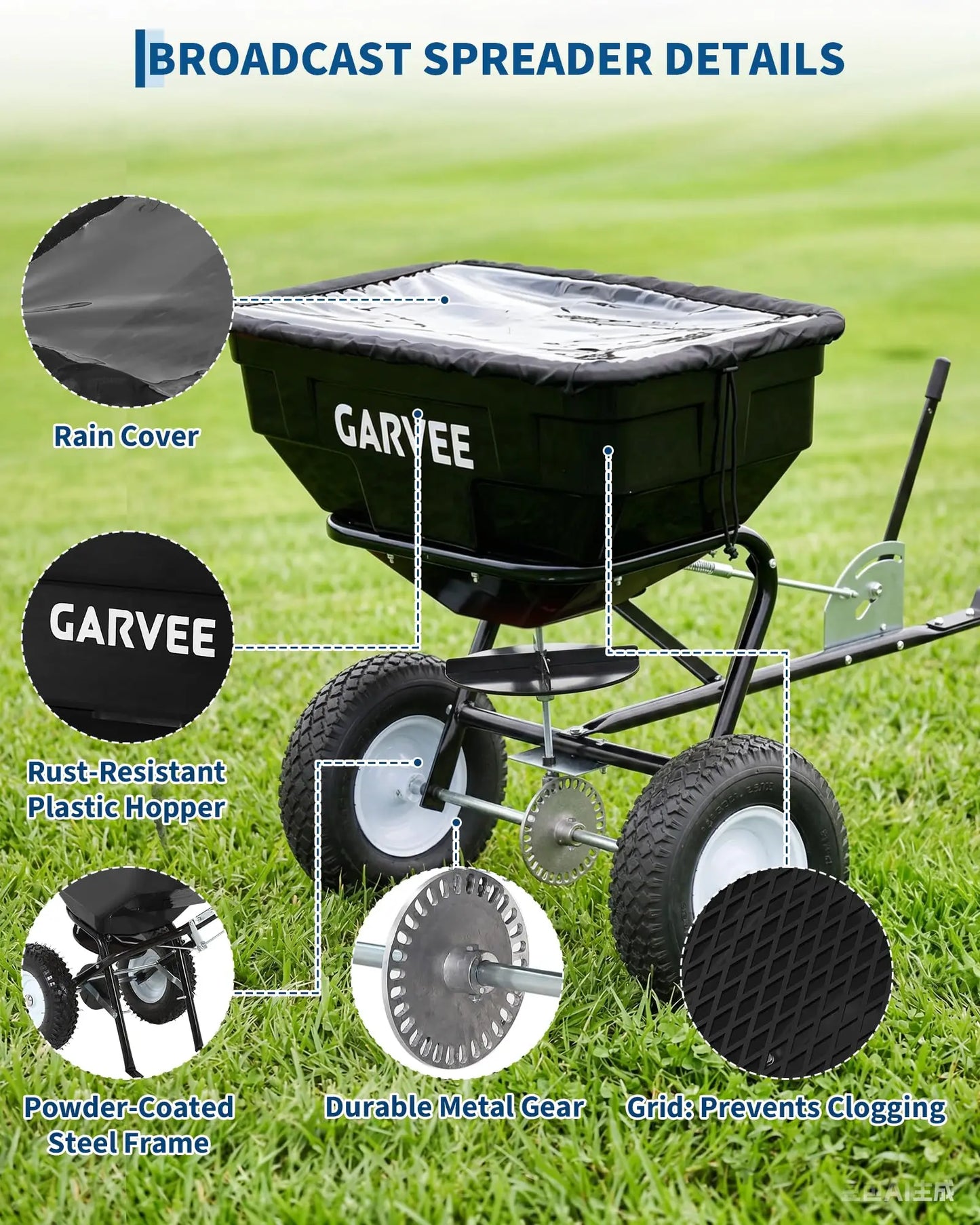 130LBS Universal Tow Push Garden Broadcast Spreader 10FT Lawn Seed Fertilizer Salt Spreader 13in Pneumatic Tires ATV Tractor Fit