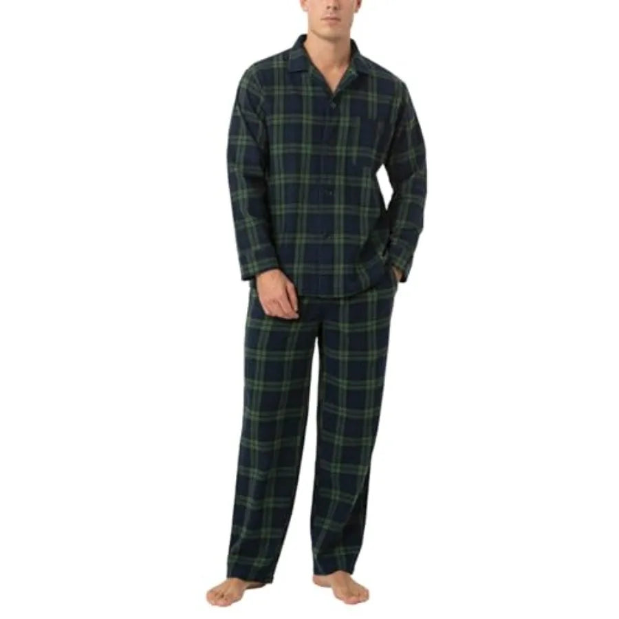 Men's Pajama Set 100% Cotton Flannel Top Long Sleeve and Bottom Pants Plaid Sleepwear PJ Sleepwear Lounge Comfy M79/M95