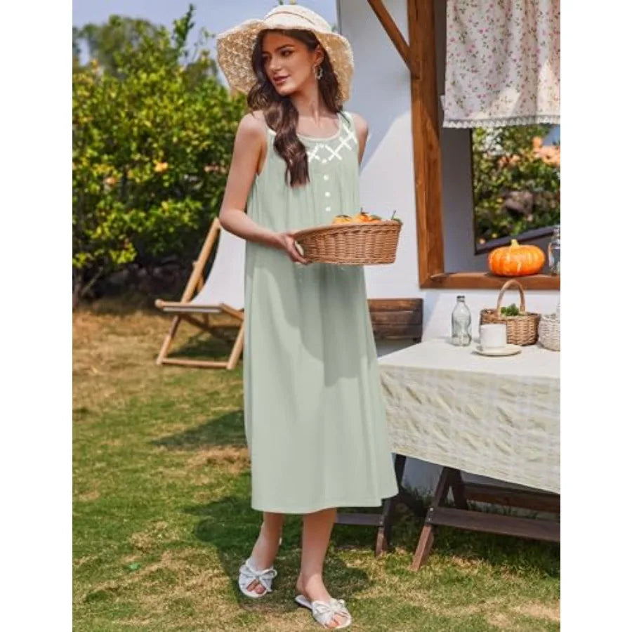 Ekouaer Nightgowns for Women Cotton Long Night Gown Sleeveless Sleep Dress Victorian Nightdress Ladies Sleepwear