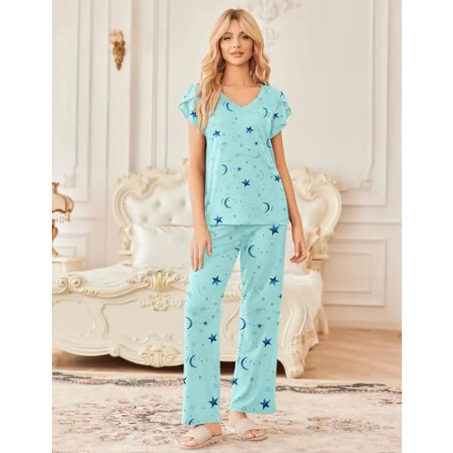 Ekouaer 2 Pack Womens Pajamas Short Sleeve Sleepwear Top with Pants Super-Soft Printed Lounge Sets S-XXL