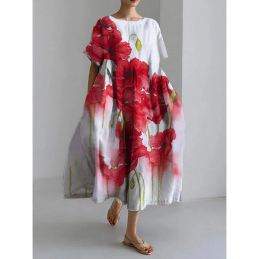 【New style】 - summer new European and American women's clothing loose round neck fashionable high-end short-sleeved printed dre