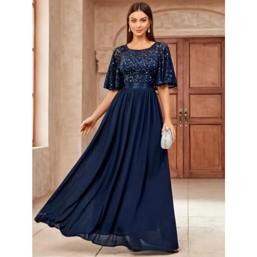 Women's Elegant Sequin Lace Butterfly Sleeve Formal Evening Maxi Dress